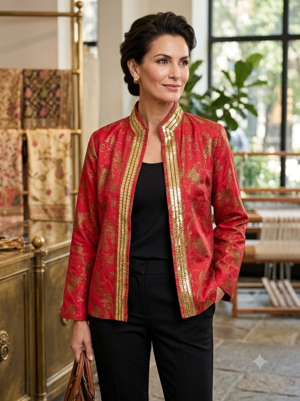 Chico’s Red & Gold Silk Embellished Lined Open Front Asian Style Jacket Vanity 2